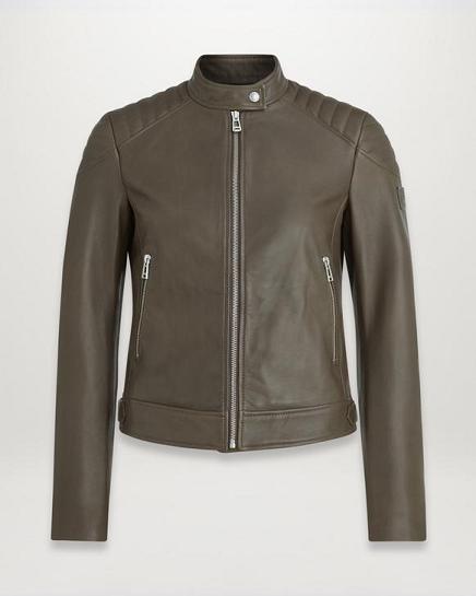 Veste Cuir Belstaff Femme Mollison Vert Olive Soldes BH3905218